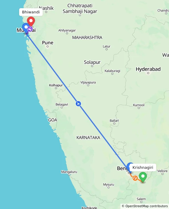 Route map showing distance and travel time from Krishnagiri, India to Bhiwandi, India