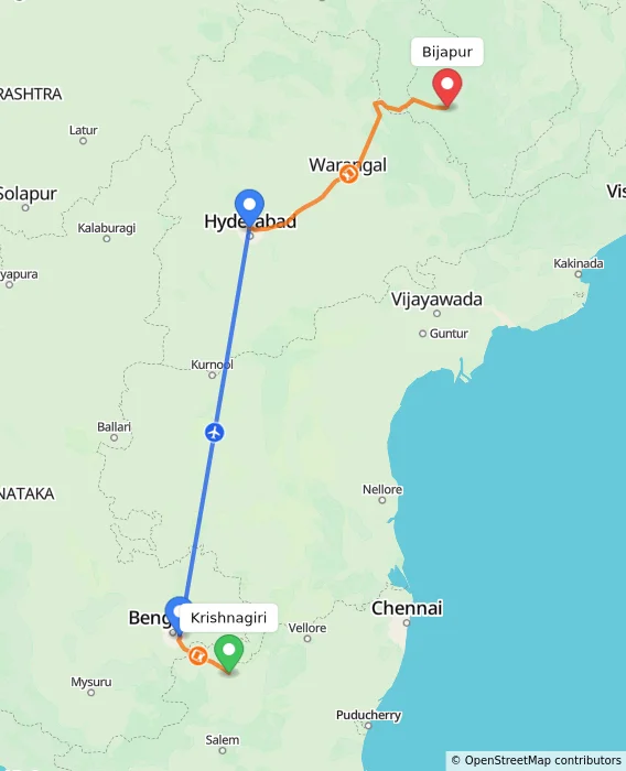 Route map showing distance and travel time from Krishnagiri, India to Bijapur, India