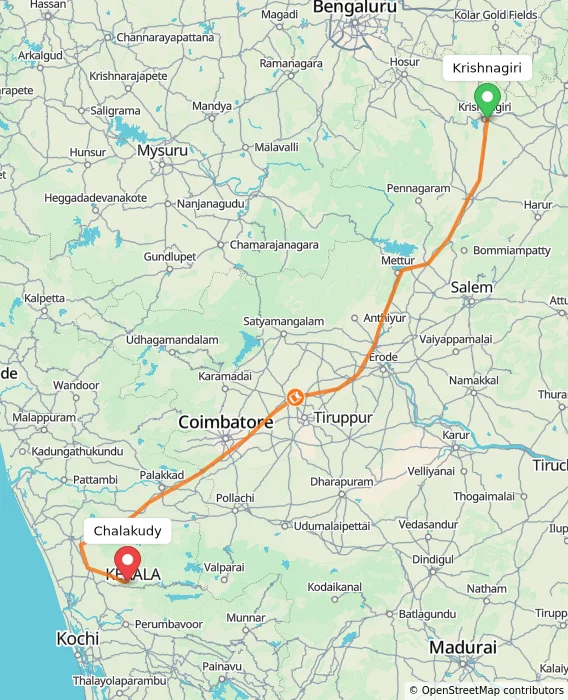 Route map showing distance and travel time from Krishnagiri, India to Chalakudy, India