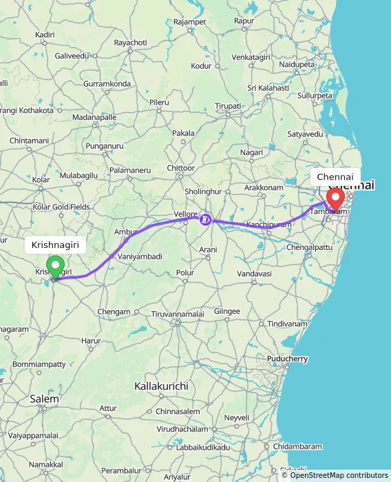 Route map showing distance and travel time from Krishnagiri, India to Chennai, India