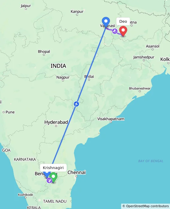 Route map showing distance and travel time from Krishnagiri, India to Deo, India