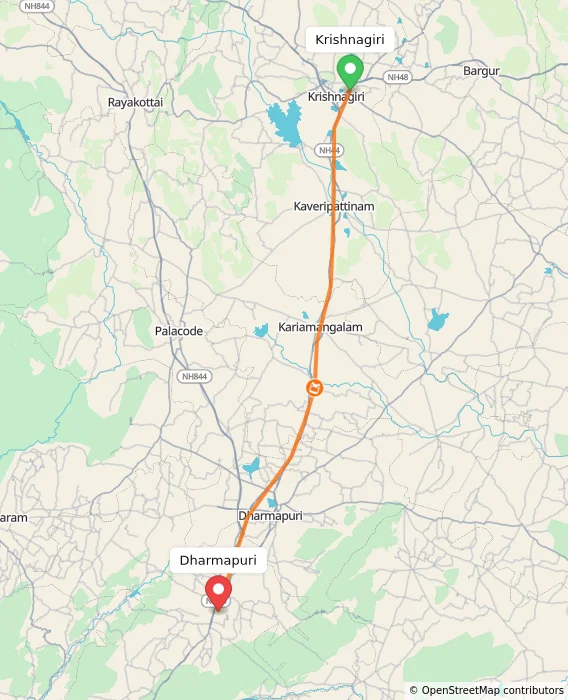 Route map showing distance and travel time from Krishnagiri, India to Dharmapuri, India