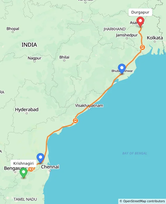 Route map showing distance and travel time from Krishnagiri, India to Durgapur, India