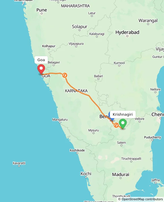 Route map showing distance and travel time from Krishnagiri, India to Goa, India