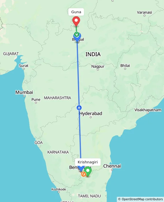 Route map showing distance and travel time from Krishnagiri, India to Guna, India