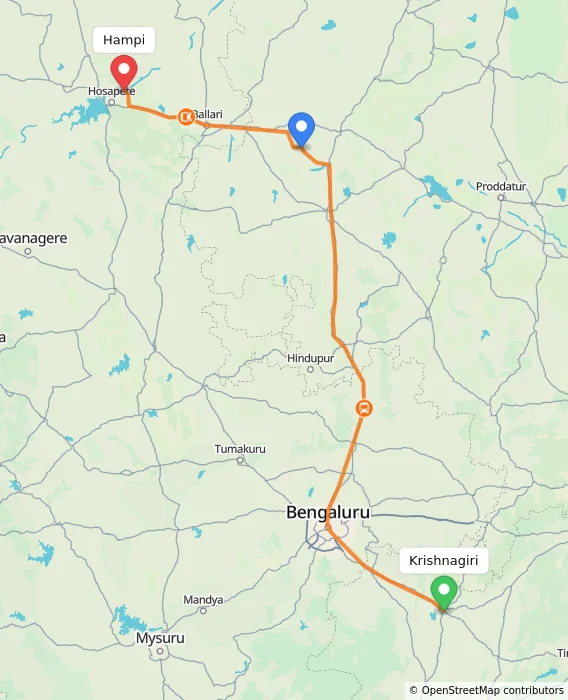Route map showing distance and travel time from Krishnagiri, India to Hampi, India