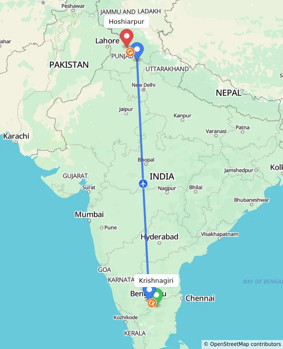 Route map showing distance and travel time from Krishnagiri, India to Hoshiarpur, India
