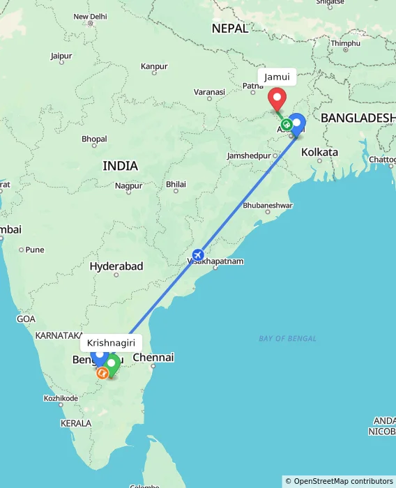 Route map showing distance and travel time from Krishnagiri, India to Jamui, India