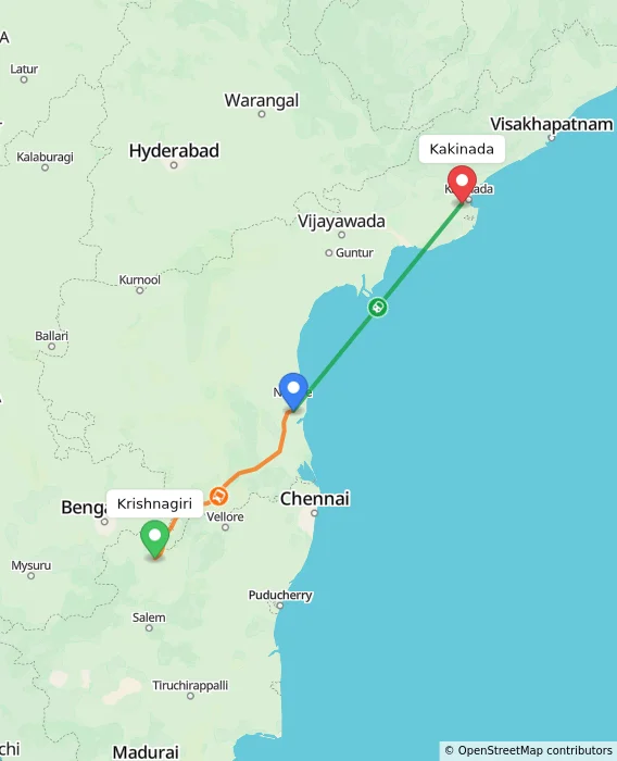 Route map showing distance and travel time from Krishnagiri, India to Kakinada, India