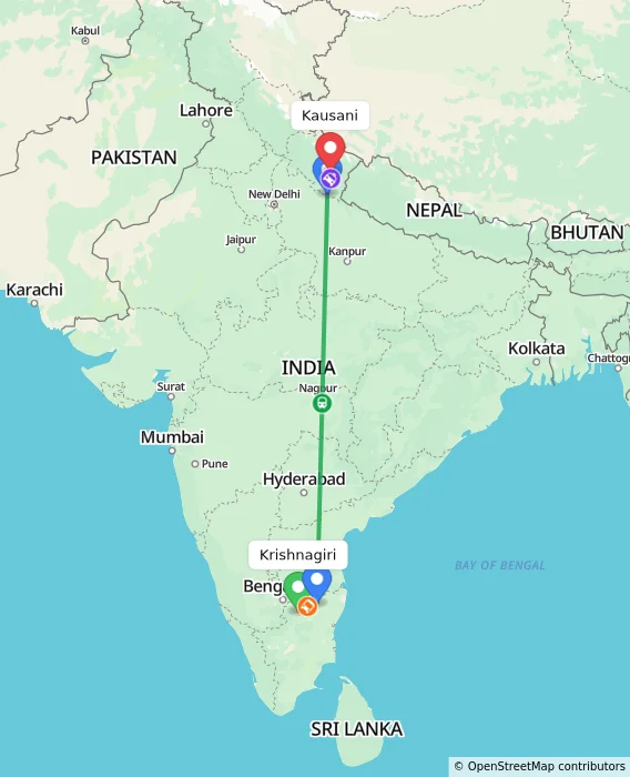 Route map showing distance and travel time from Krishnagiri, India to Kausani, India