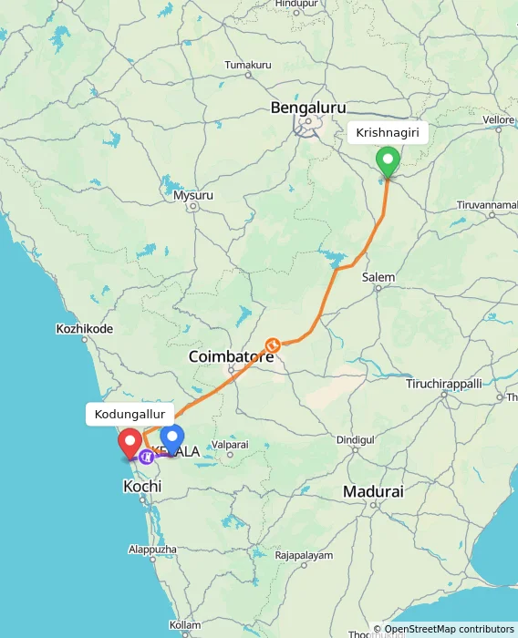 Route map showing distance and travel time from Krishnagiri, India to Kodungallur, India