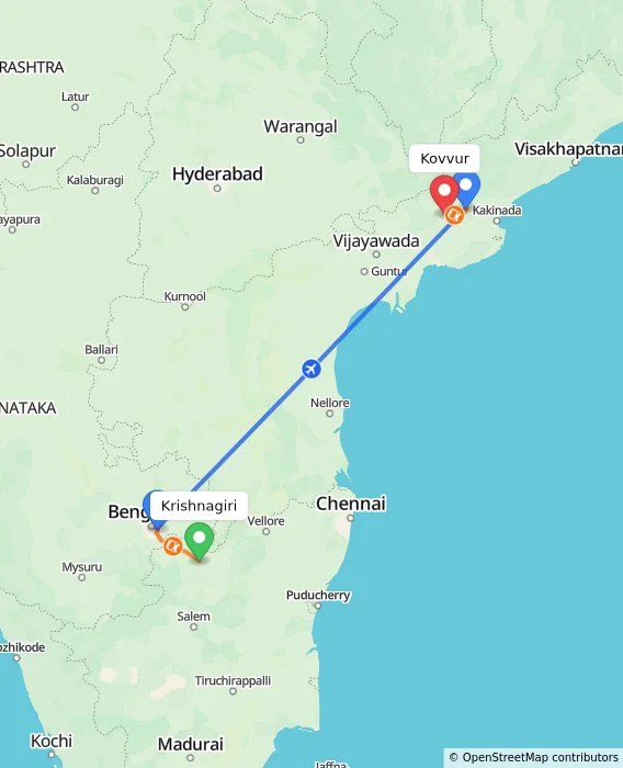 Route map showing distance and travel time from Krishnagiri, India to Kovvur, India