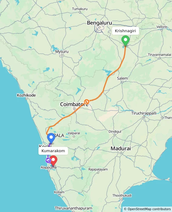 Route map showing distance and travel time from Krishnagiri, India to Kumarakom, India