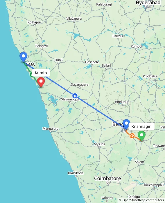 Route map showing distance and travel time from Krishnagiri, India to Kumta, India