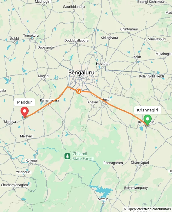 Route map showing distance and travel time from Krishnagiri, India to Maddur, India