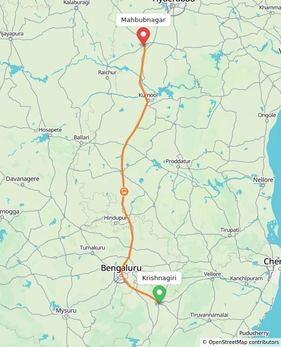 Route map showing distance and travel time from Krishnagiri, India to Mahbubnagar, India