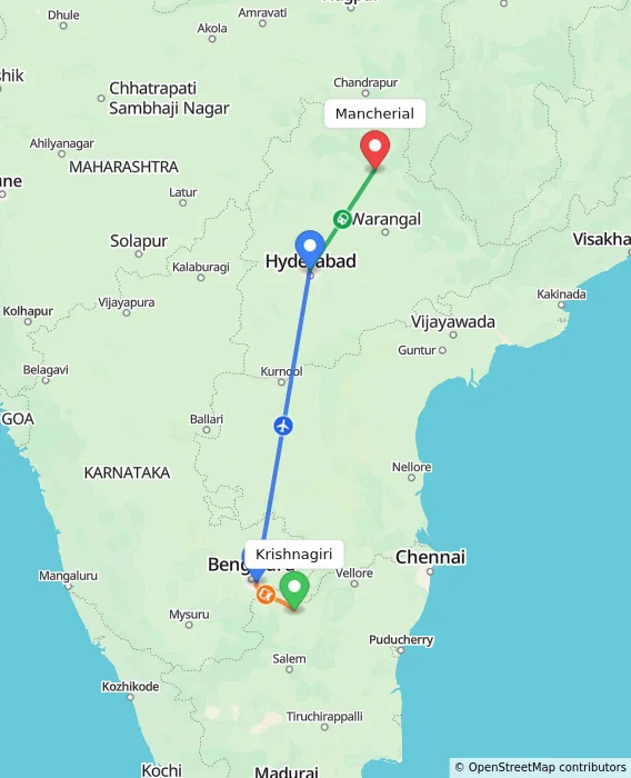 Route map showing distance and travel time from Krishnagiri, India to Mancherial, India