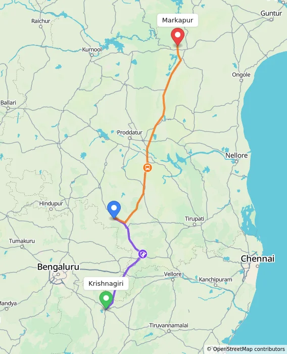 Route map showing distance and travel time from Krishnagiri, India to Markapur, India