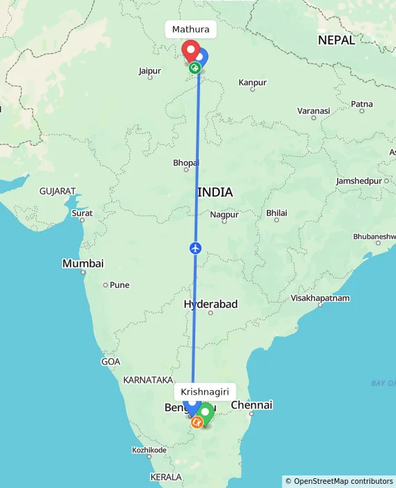 Route map showing distance and travel time from Krishnagiri, India to Mathura, India