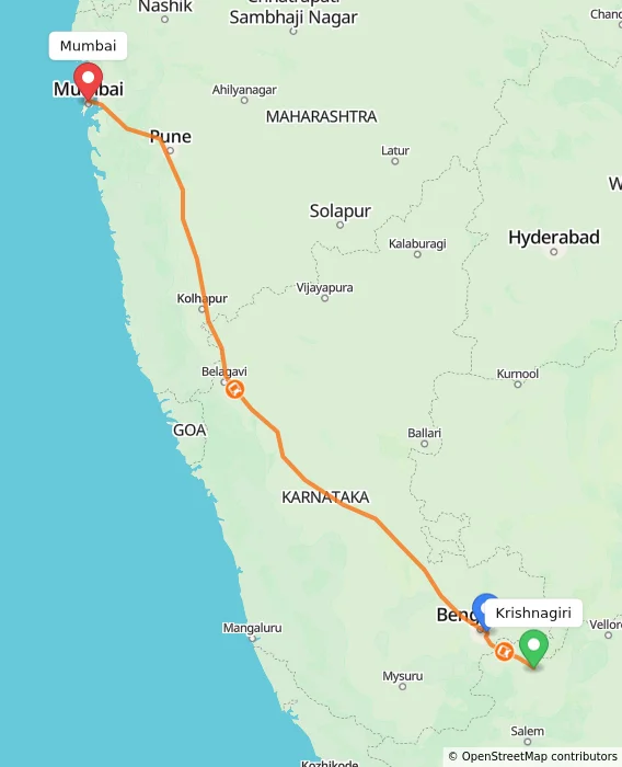 Route map showing distance and travel time from Krishnagiri, India to Mumbai, India