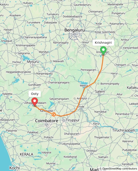 Route map showing distance and travel time from Krishnagiri, India to Ooty, India