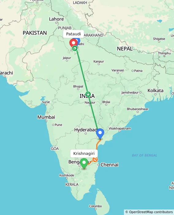 Route map showing distance and travel time from Krishnagiri, India to Pataudi, India