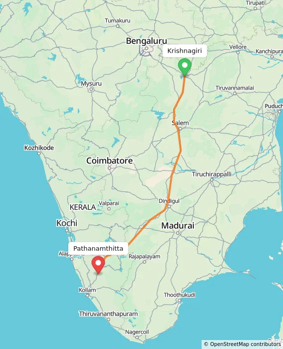 Route map showing distance and travel time from Krishnagiri, India to Pathanamthitta, India
