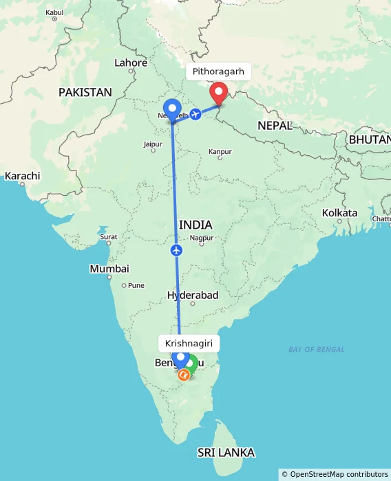 Route map showing distance and travel time from Krishnagiri, India to Pithoragarh, India