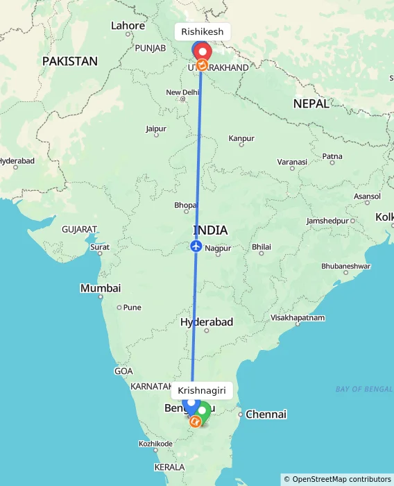 Route map showing distance and travel time from Krishnagiri, India to Rishikesh, India