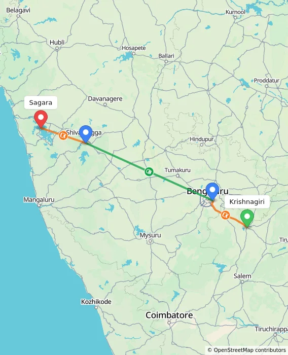 Route map showing distance and travel time from Krishnagiri, India to Sagara, India
