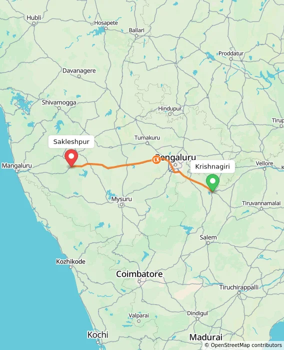 Route map showing distance and travel time from Krishnagiri, India to Sakleshpur, India
