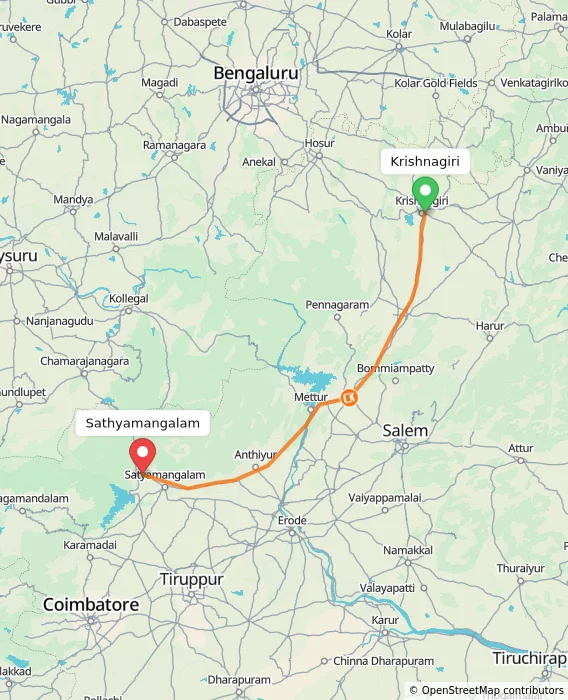 Route map showing distance and travel time from Krishnagiri, India to Sathyamangalam, India