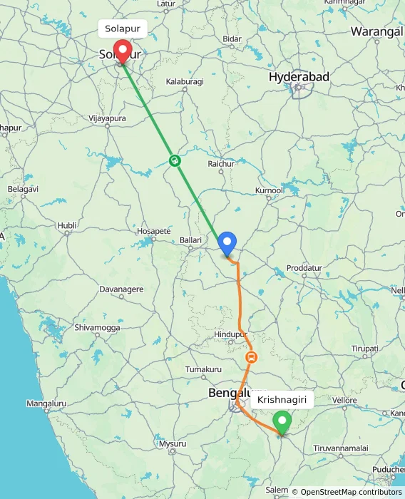 Route map showing distance and travel time from Krishnagiri, India to Solapur, India
