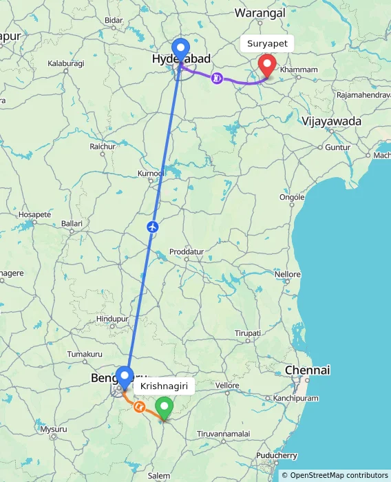 Route map showing distance and travel time from Krishnagiri, India to Suryapet, India