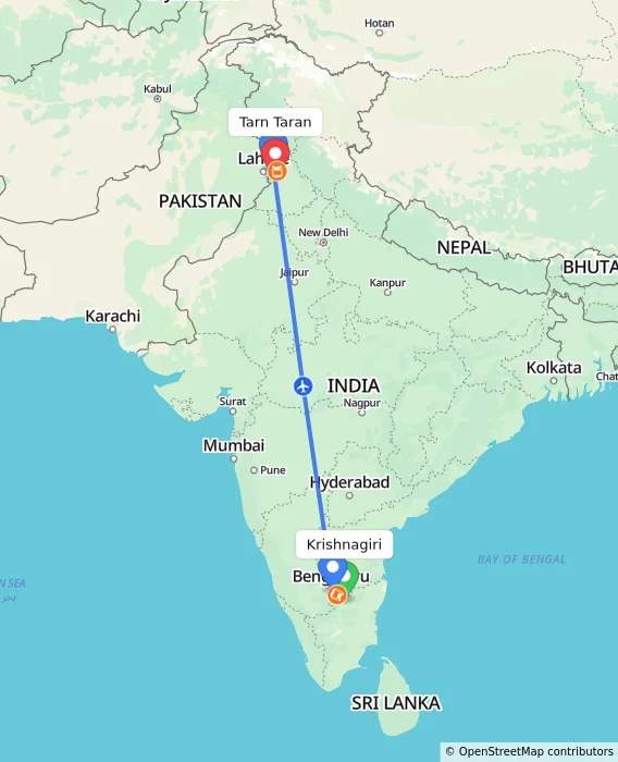 Route map showing distance and travel time from Krishnagiri, India to Tarn Taran, India