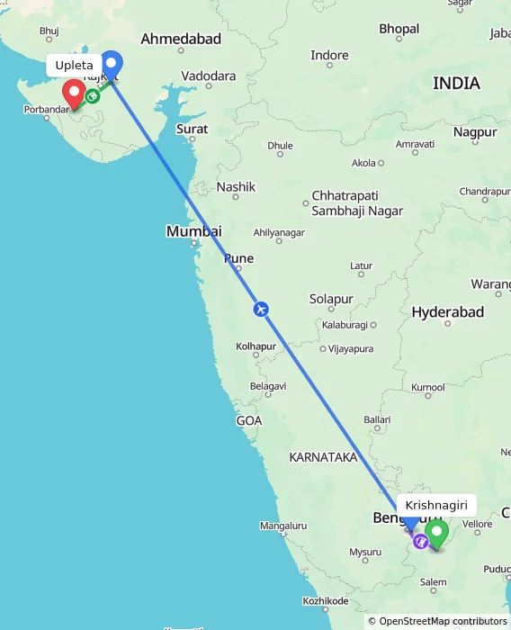 Route map showing distance and travel time from Krishnagiri, India to Upleta, India
