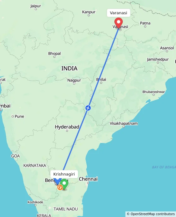 Route map showing distance and travel time from Krishnagiri, India to Varanasi, India