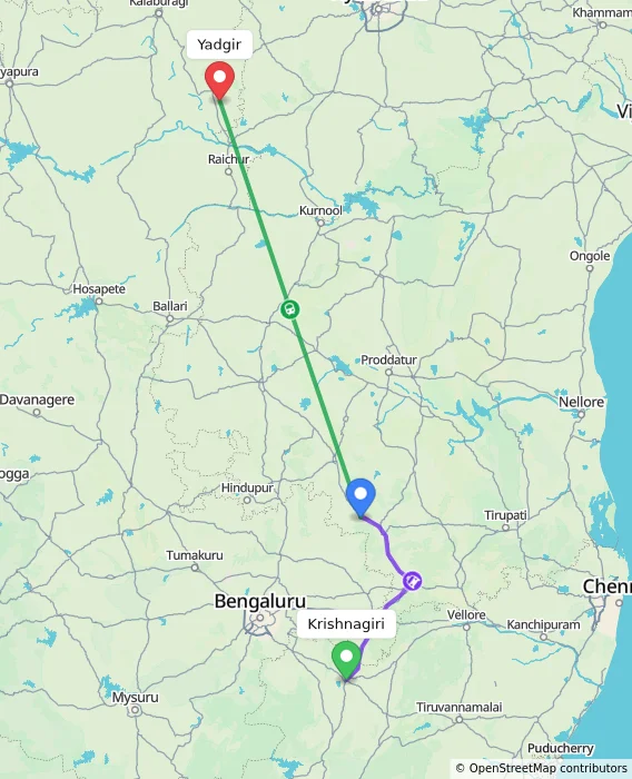 Route map showing distance and travel time from Krishnagiri, India to Yadgir, India