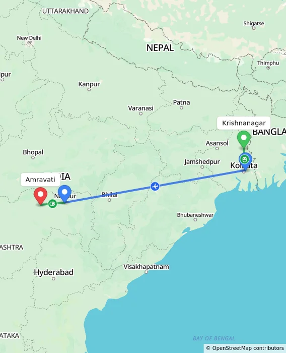 Route map showing distance and travel time from Krishnanagar, India to Amravati, India
