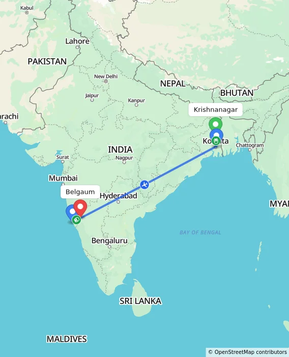 Route map showing distance and travel time from Krishnanagar, India to Belgaum, India