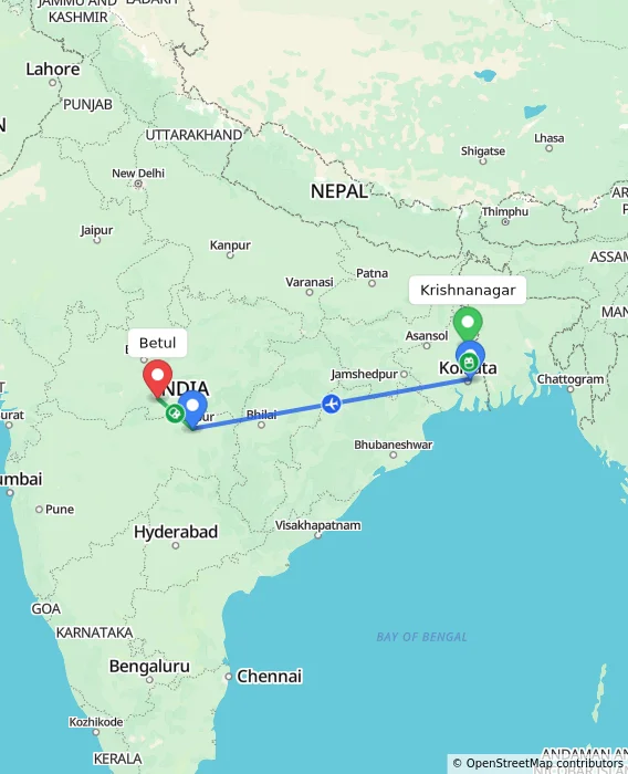 Route map showing distance and travel time from Krishnanagar, India to Betul, India