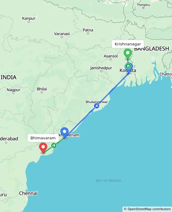 Route map showing distance and travel time from Krishnanagar, India to Bhimavaram, India