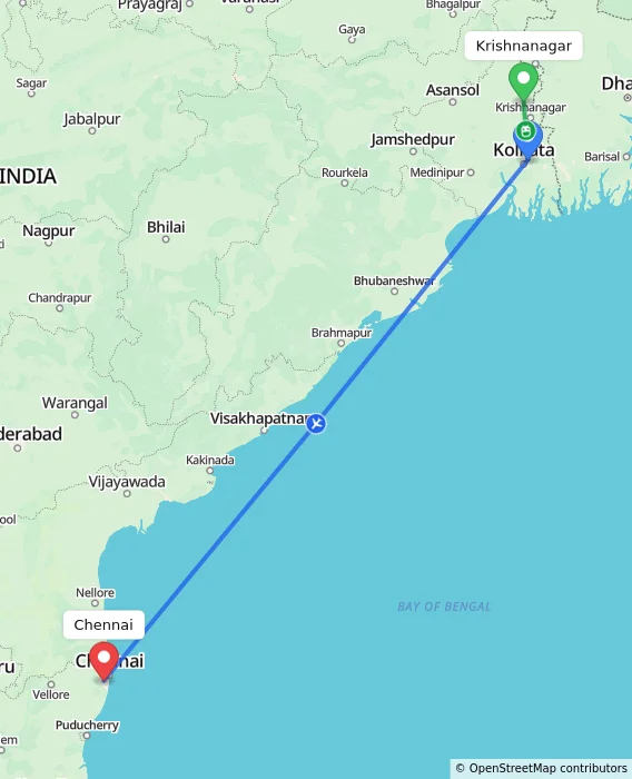 Route map showing distance and travel time from Krishnanagar, India to Chennai, India