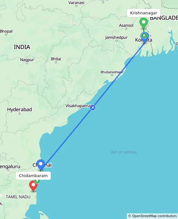 Route map showing distance and travel time from Krishnanagar, India to Chidambaram, India