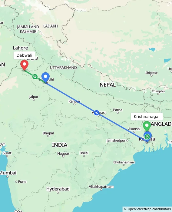 Route map showing distance and travel time from Krishnanagar, India to Dabwali, India