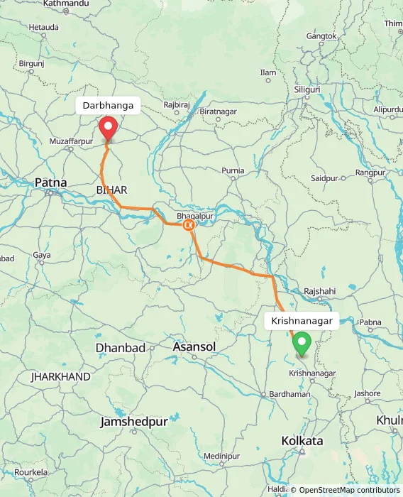 Route map showing distance and travel time from Krishnanagar, India to Darbhanga, India