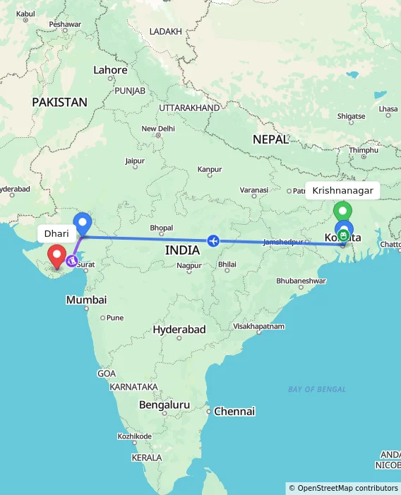 Route map showing distance and travel time from Krishnanagar, India to Dhari, India