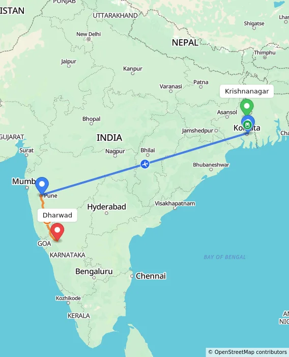 Route map showing distance and travel time from Krishnanagar, India to Dharwad, India