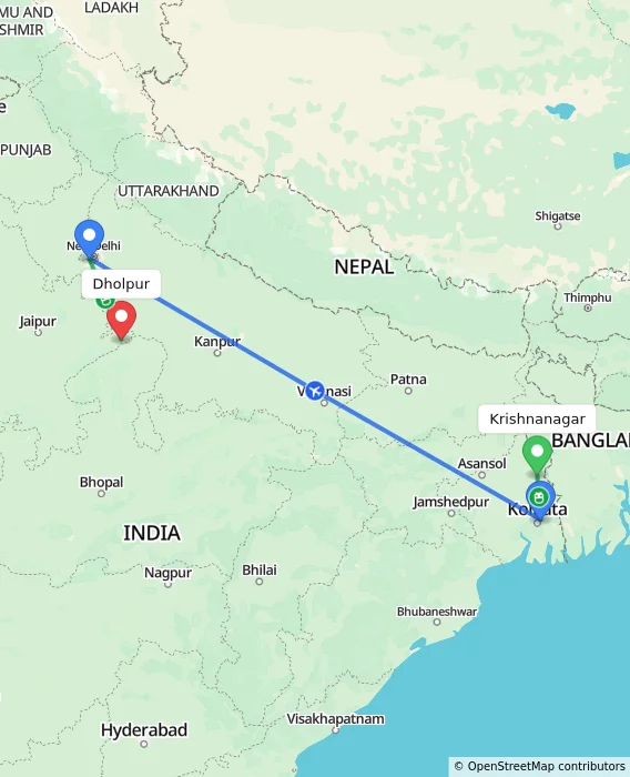 Route map showing distance and travel time from Krishnanagar, India to Dholpur, India