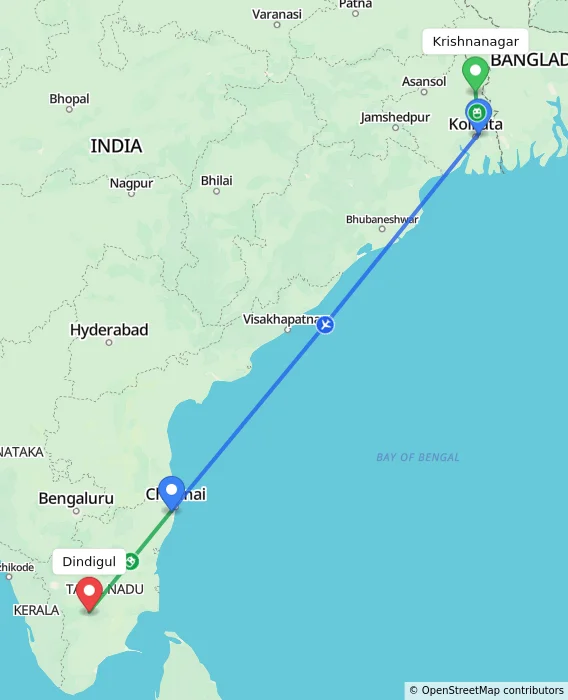 Route map showing distance and travel time from Krishnanagar, India to Dindigul, India